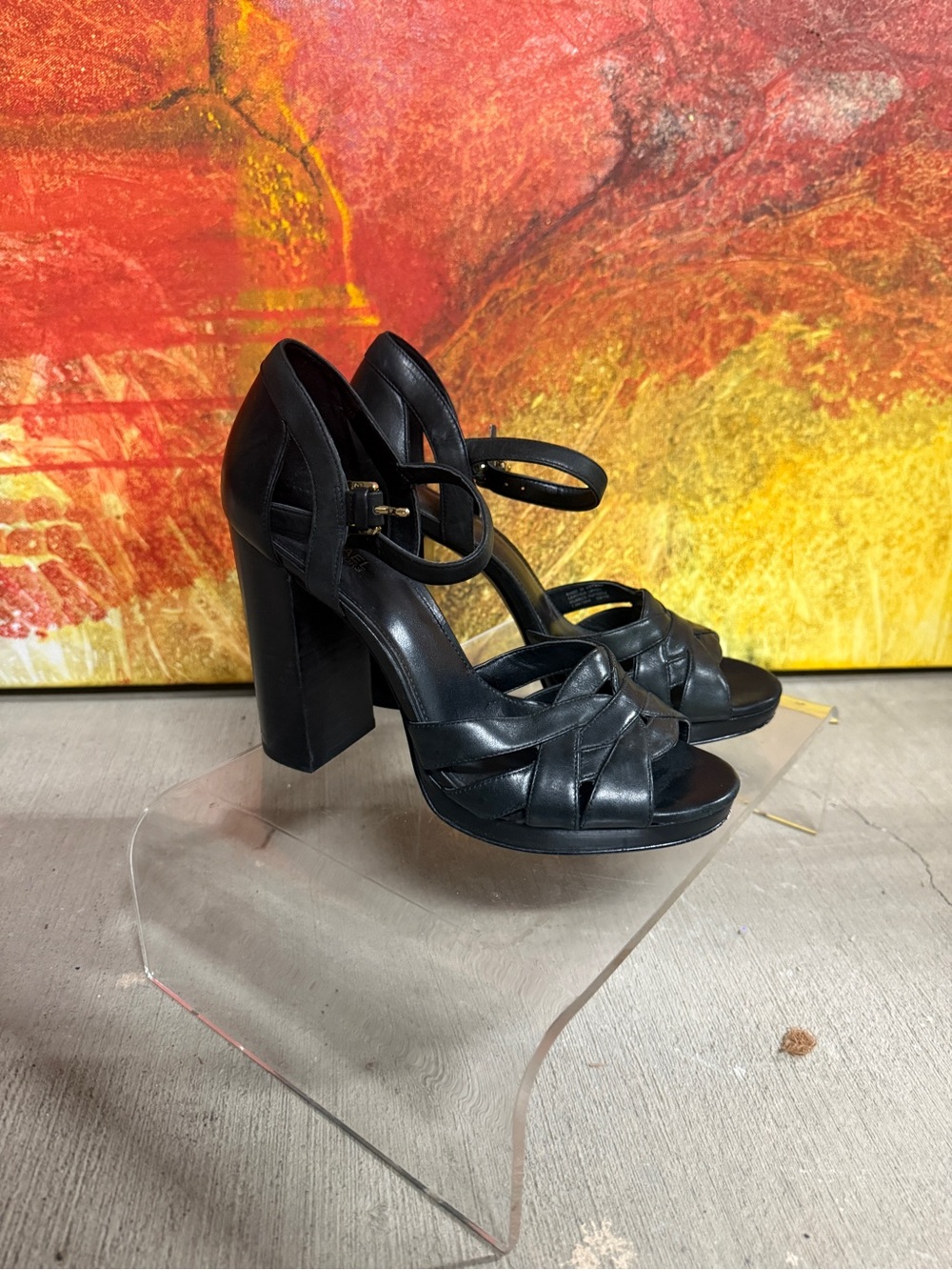 Michael Kors Black Leather Platform Block Heels with Ankle Strap